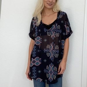 Emelee Blue Tribal Inspired Sheer Tunic Size S/M